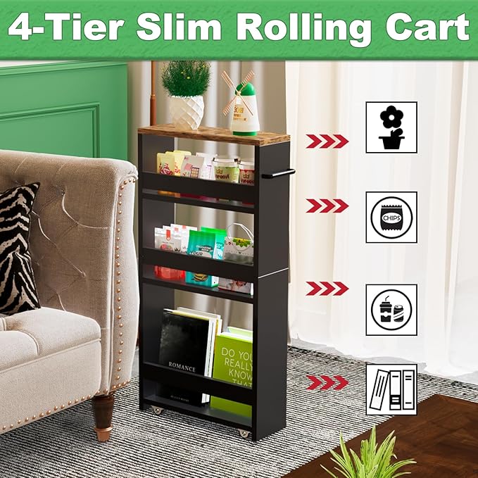 4-Tier Slim Rolling Storage Cart with Wheels - Mobile Organizer for Narrow Spaces in Black