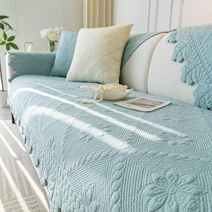Cotton Quilted Dog Couch Cover for Sofa Farmhouse Rustic Embroidery Sectional Couch Cover Soft Anti-Slip Sofa Slipcover Furniture Protector for Kids, Pets (Blue,28"x59")