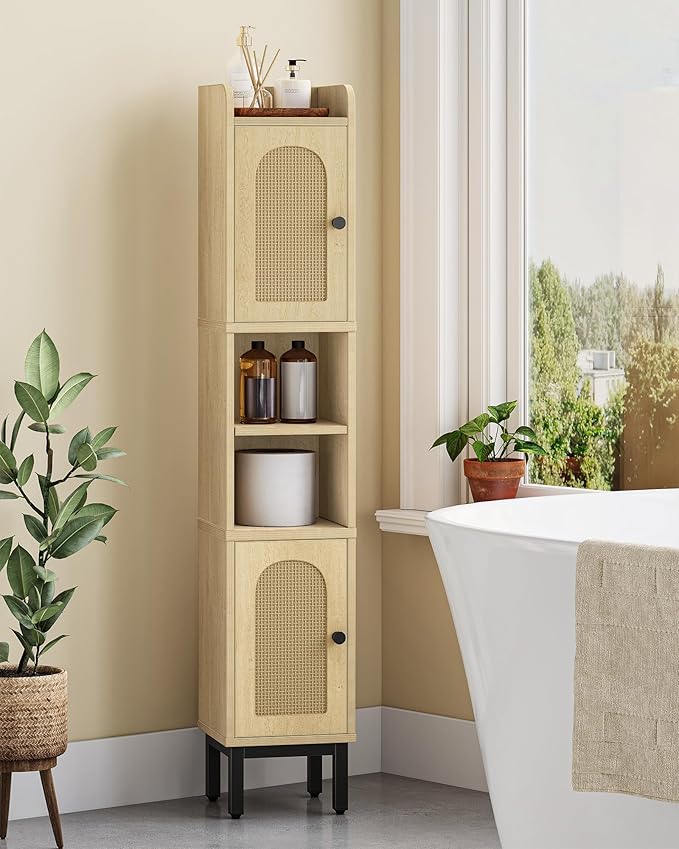 Slim Bathroom Storage Cabinet, Narrow Bathroom Organizers and Storage with 4 Adjustable Feet, Laundry Room Organization for Small Space, Kitchen, Living Room, 2 Doors Rattan Yellow BC22402Y