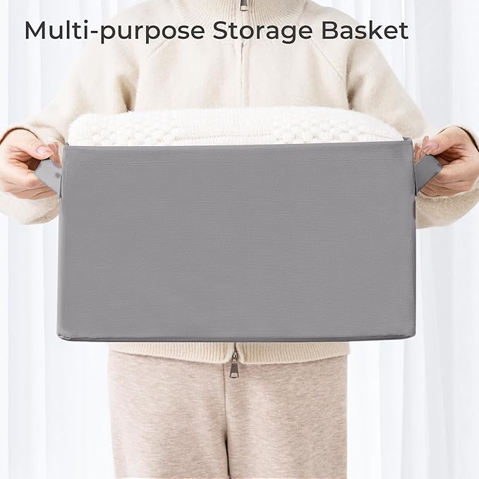 Storage Basket Bins with Metal Frame, Large Collapsible Fabric Storage Baskets for Organizing Shelf, Basket Organizer W/Handles for Blankets, Towels, Laundry, Shelves, 8-Pack, Grey
