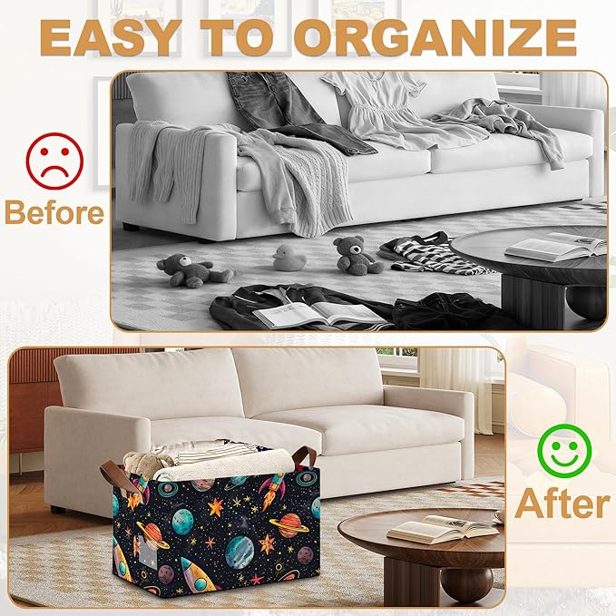 Decorative 32L Space Planet Storage Bins with Handles, Organization and Storage, Cube Storage Organizer for Hamper, Nursery