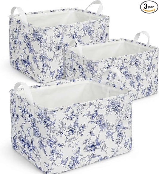 Blue Floral Storage Basket, Kids Large Flowers Storage Bins Box with Handles, Girls Shelf Basket Ideal for Room Nursery Decor, Books, Organizing Clothes, Toys (Blue floral)