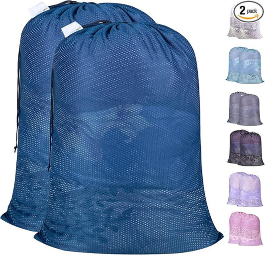 Polecasa Heavy Duty Extra Large Mesh Laundry Bags with ID Tag and Locking Drawstring Closure - 2 Pack, 30 x 36 inches - Laundry Hamper Liner, Washable Laundry Bag for Travel, Sports, Dorms (Blue)