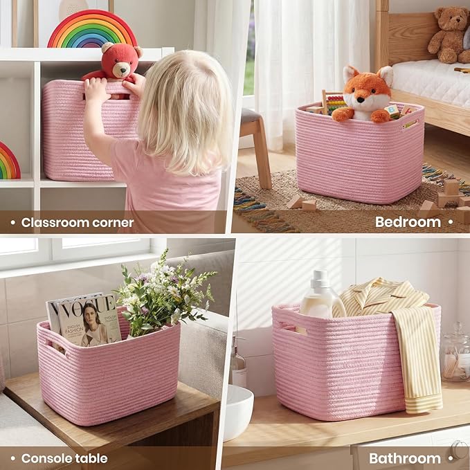 Storage Baskets for Organizing, 14 x 10 x 9” Closet Shelf Woven Baskets, Square Bins with Handles, Cotton Rope Basket for Toys, Clothes, Office, Room, Pink 1 Pack