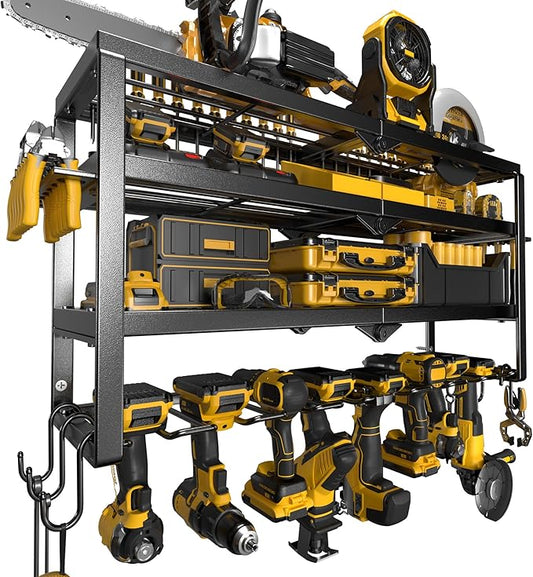 Power Tool Organizer Wall Mount, 15 Min Assembly & Maximum 150lb load by Heavy Duty Metal, 4/6/8 Drill Holder, 4 Layers Garage organization and Tool Storage, Tools Holder for Workshop/Shed