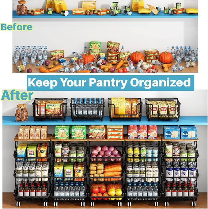 4 Tier Pantry Organizers and Storage Cart with Rolling Wheels, Stackable Metal Pantry Baskets for Pantry Shelves, Kitchen Fruit Basket Stand and Storage Rack for Snack Bottled Water Vegetable Bathroom