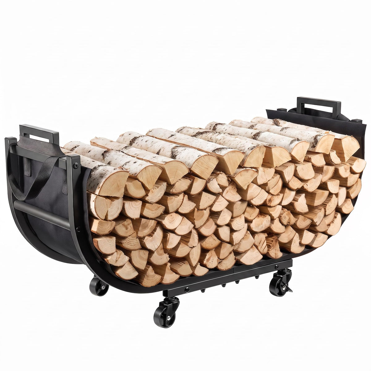 32-Inch Firewood Rack with Wheels, Rolling Firewood Cart, Black - Image 1