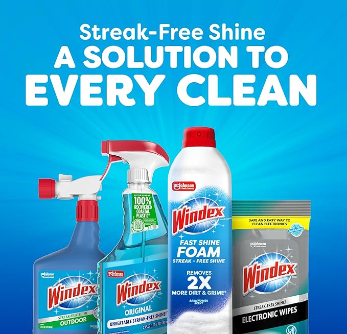 Windex Fast Shine Foam Glass Cleaner Supplies, No-Drip Window & Mirror Aerosol Spray, Streak-Free, Removes Fingerprints, Dust, & Dirt, 19 oz (Pack of 6)