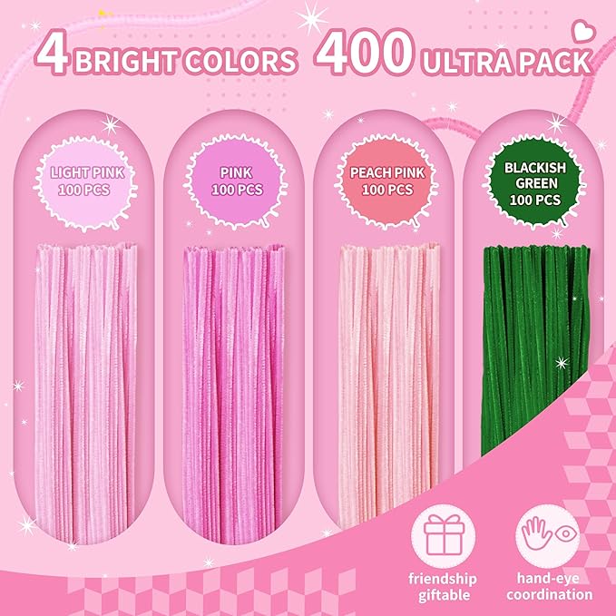 POMBUDS Lily Scented Pipe Cleaner Flower Craft Kit (Pink Theme) – 400 Chenille Stems, 20 Green Floral Stems, 2 Rolls Floral Tape, Yellow Stamens & Instruction Guide for DIY Bouquets and Decorations