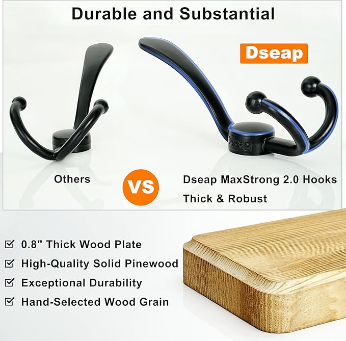 Dseap Coat Rack Wall Mounted - 24" Long 6 Tri Hooks, Heavy Duty Wooden Wall Coat Hanger Coat Hook for Clothes Hat Jacket Clothing, Black