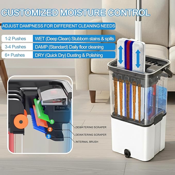 Mop and Bucket Set with Wringer,Separate Clean Dirty Water, Self Wringing Microfiber Dust Flat Mop for Hardwood Floors, Kitchen, Wall Cleaner -with 4 Washable Microfiber Pads