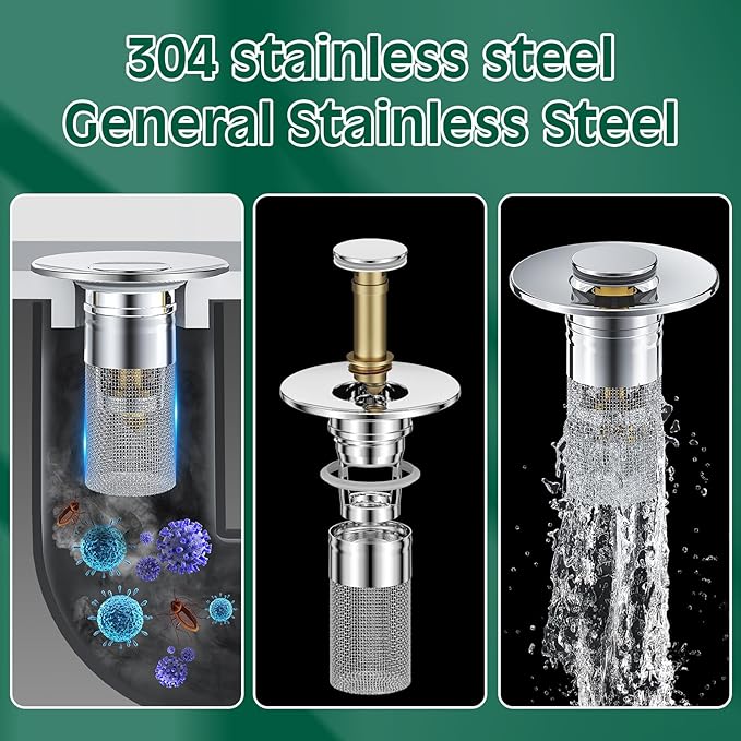 3 in 1 Sink Drain Strainer with Hair Catcher,8PCS Stainless Steel Popup Sink Stopper with Basket for Bathroom Kitchen Shower,Pop-up Bounce Core Floor Basin Drain Filter,Replacement Sink Plug