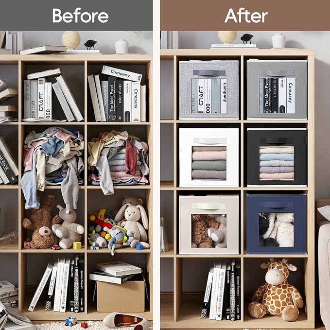 Storage Cube 11 Inch - Cube Storage Bins with Window, Closet Storage Baskets with Handle, Fabric Bins for Closet, Shelves, Toys, Clothes, Set of 6, Grey