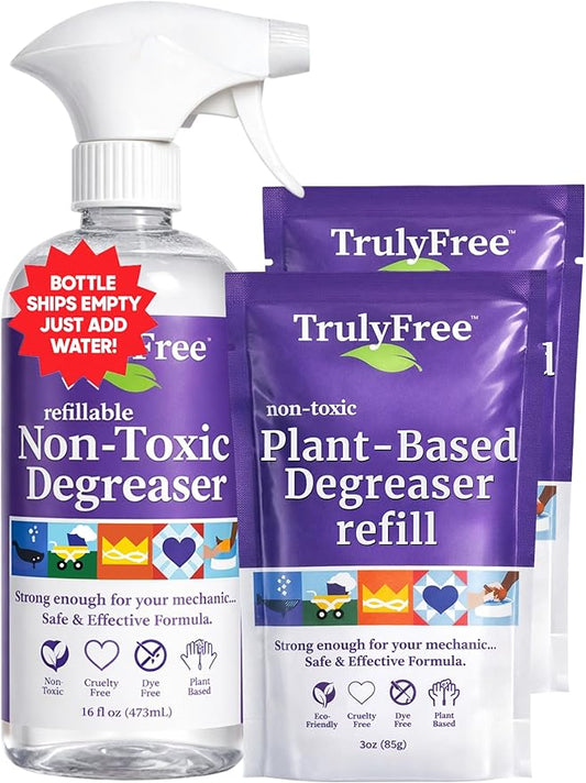 Truly Free Heavy Duty Degreaser- Grease Remover & Grime Cleaner for Kitchen, Automotive & More, Household Cleaning Supplies, Fragrance-Free, Includes 16 oz Reusable Empty Bottle & 2 Refills (4 oz)