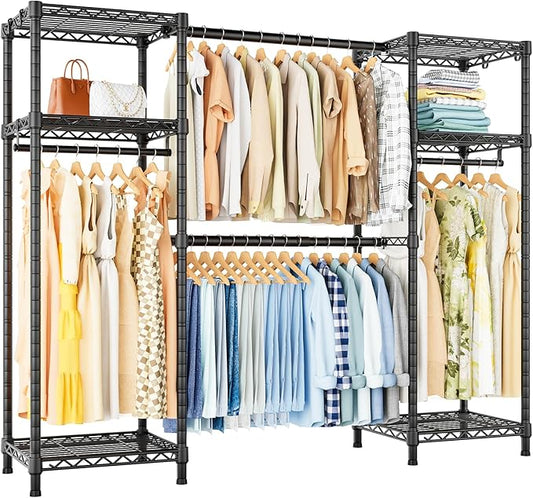Ulif E7 Garment Rack, Heavy Duty Clothes Storage System with Extendable Hangers Rods, Metal Clothe Rack with 6 Wire Shelves, (52.3"-72") W x 14.5" D x 71.2" H, Load 838 LBS