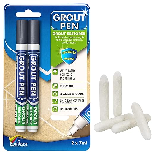 Grout Pen Tile Paint Marker: 2 Pack Dark Grey with 5 Pack Replacement Tips (Narrow, 5mm) - Waterproof Grout Colorant and Sealer Pen to Renew, Repair, and Refresh Tile Grout - Cleaner Coating Stain Pen