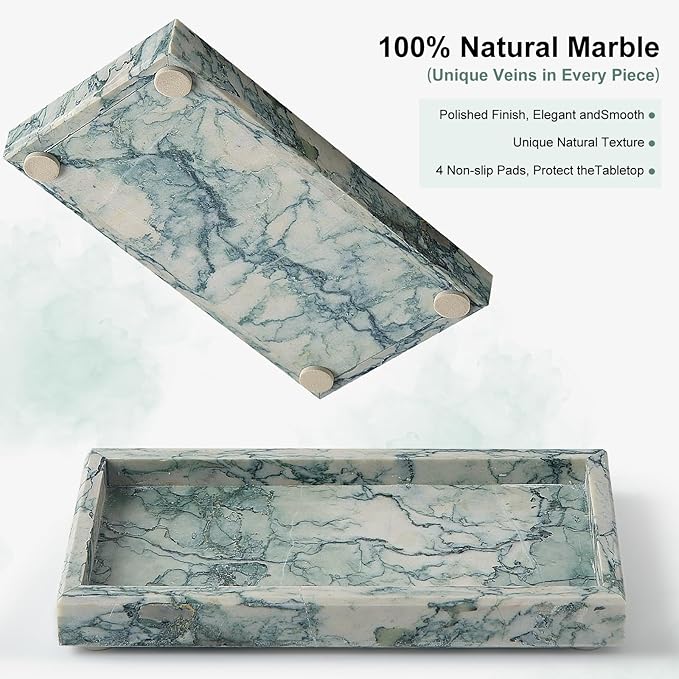 Natural Small Marble Vanity Tray, Luxury Stone Organizer for Bathroom & Kitchen | Holds Soap Dispenser, Jewelry, Perfume | Non-Resin, Non-Ceramic Décor (Cyan-Green, Mini (7.9" x 4.3" x 0.78"))