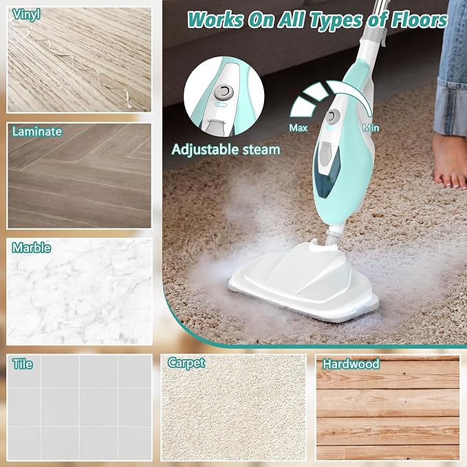 Steam Mops for Floor Cleaning, Handheld Steam Cleaner for Home, Lightweight All in 1 Steam Mop Detachable Steamer for Hardwood Floor Tile Couch, 2 Washable Pads, 1550W Deep Cleaning, White and Green