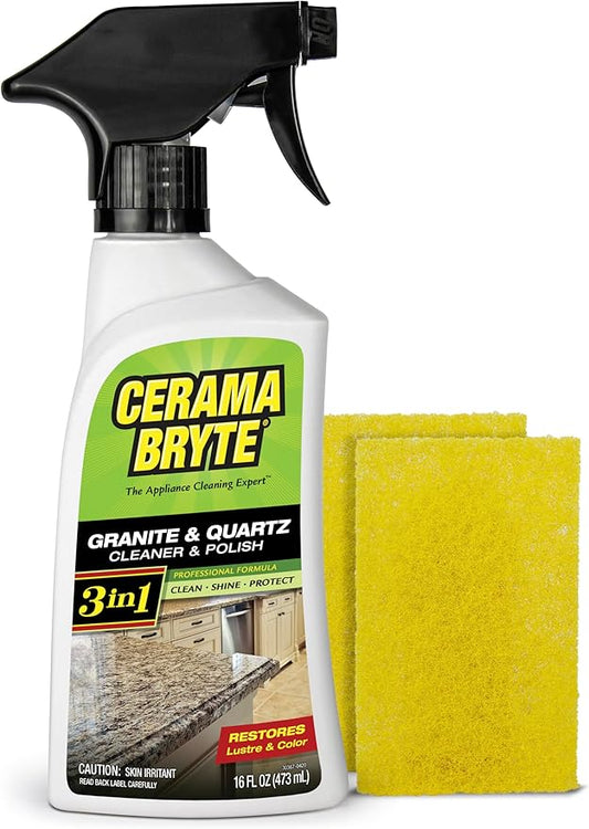 Cerama Bryte Granite and Quartz Daily Cleaner & Polish Safely Also Use On Marble Soapstone Quartz Quartzite Slate Limestone Corian Laminate Tile Countertop, 16 Ounce + 2 Pads