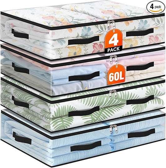 4 Pack Under Bed Storage Bags, 60L Foldable Clear Storage Containers with Handles, Dual Zippers for Comforter, Clothes, Bedding, Linen Sheets, Sweaters, Blanket Storage