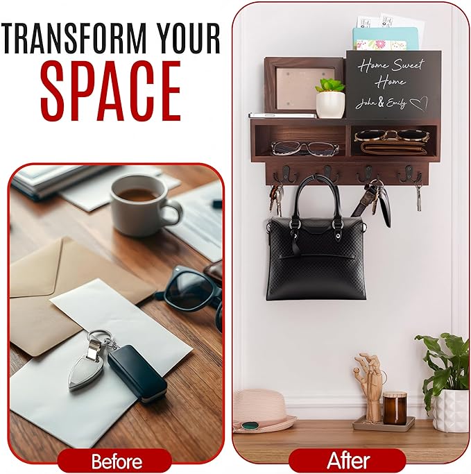 Spacelog Key and Mail Holder for Wall with Chalkboard – Magnetic Photo Frame Key Holder Wall Mount, Dark Walnut, Dual Storage & Cupboards Mail and Key Organizer for Wall