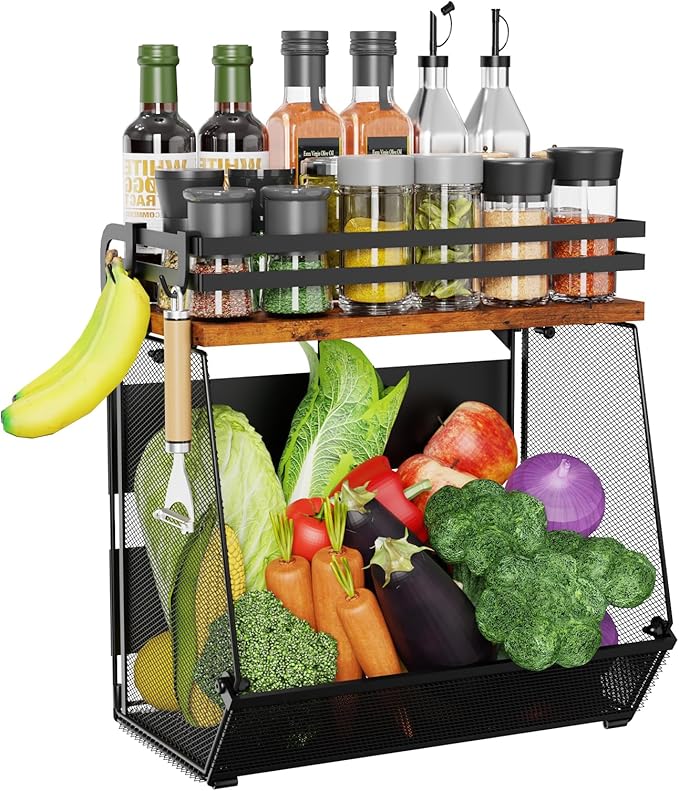 Magnetic Shelf for Fridge with Wood Lid - Magnetic Spice Rack for Refrigerator， Mesh Design Large Shelf Basket, Shelves for Kitchen Pantry Storage Organizer for Food Fruit Veg (1Pack)