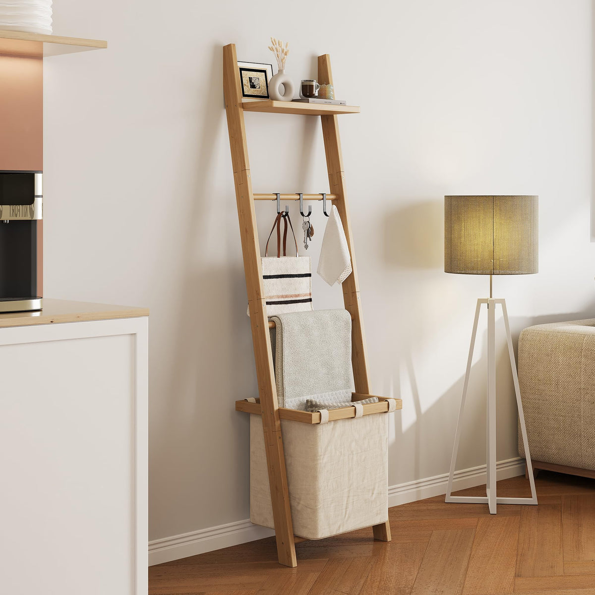 63" Bamboo Blanket Ladder with Shelf, Fabric Storage - Image 1