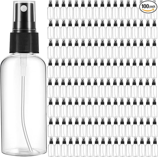Roshtia 100 Pcs 2 oz Plastic Mini Spray Bottles with Black Cap Clear Empty Fine Mist Spray Bottles Refillable Liquid Container for Essential Oils Perfumes Travel Makeup