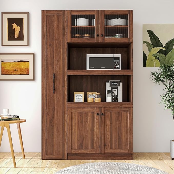 KEIKI 70.87" Tall Kitchen Pantry Storage Cabinet with Pull-Out Multi-Tier Shelf, Countertop, Glass Doors, Microwave Stand, Freestanding Wood Hutch Food Pantries Cupboard for Coffee Bar, Dining Room