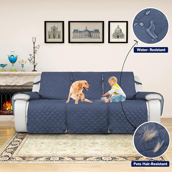PureFit Water Resistant Reversible Sofa Covers for Reclining Sofa 3 Seat - Non Slip Split Recliner Couch Cover for 3 Cushion Couch, Washable Furniture Protector for Kids, Dogs (Dark Blue/Light Blue)