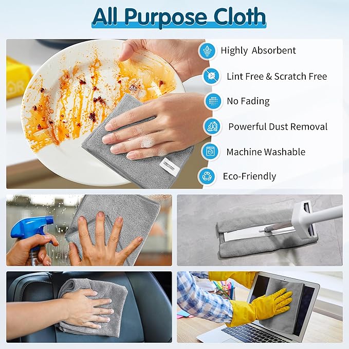 FIXSMITH Grey Microfiber Cleaning Cloth -Pack of 12, Highly Absorbent Cleaning Rags, 16"X12" All Purpose Cleaning Towels for Housekeeping, Kitchen, Car, Lint Free and Reusable Microfiber Towels