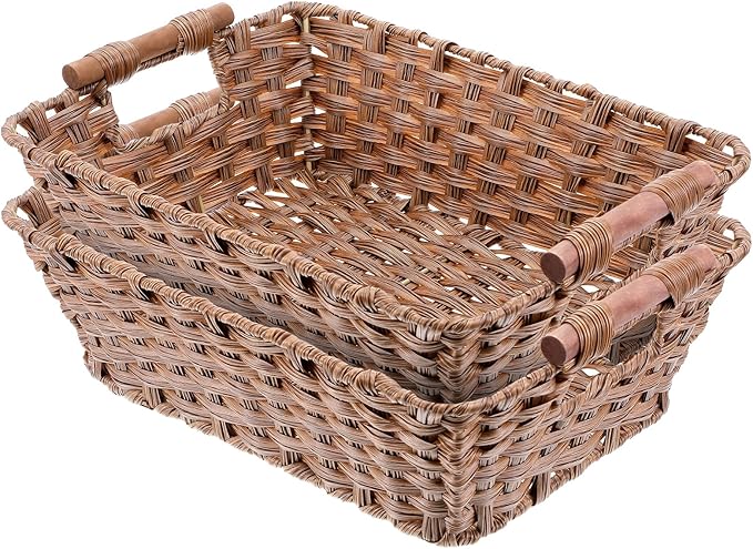 2-Pack Waterproof Wicker Storage Baskets with Handles – Hand-Woven Polypropylene Storage Bins for Pantry, Kitchen, Bathroom (15”L x 10.6”W x 5.1”H, Brown)