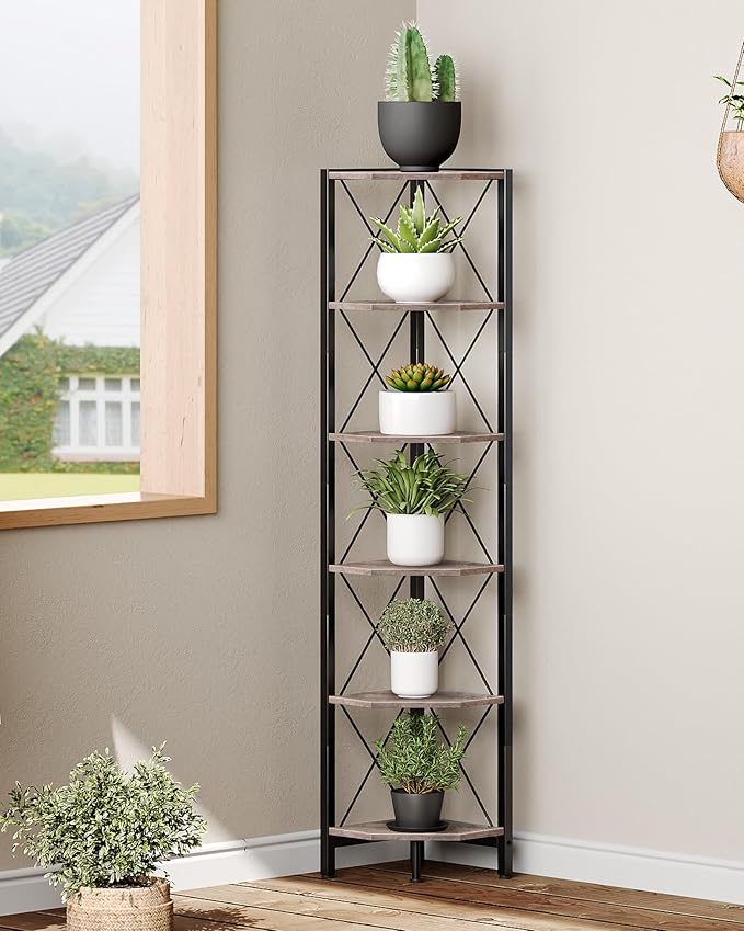 6-Tier Corner Shelf, Corner Bookcase, 66.9" Tall Vertical Display Rack, Plant Stand, Open Storage Shelf, for Living Room, Bedroom, Study, Kitchen, Greige and Black TCJ13BG