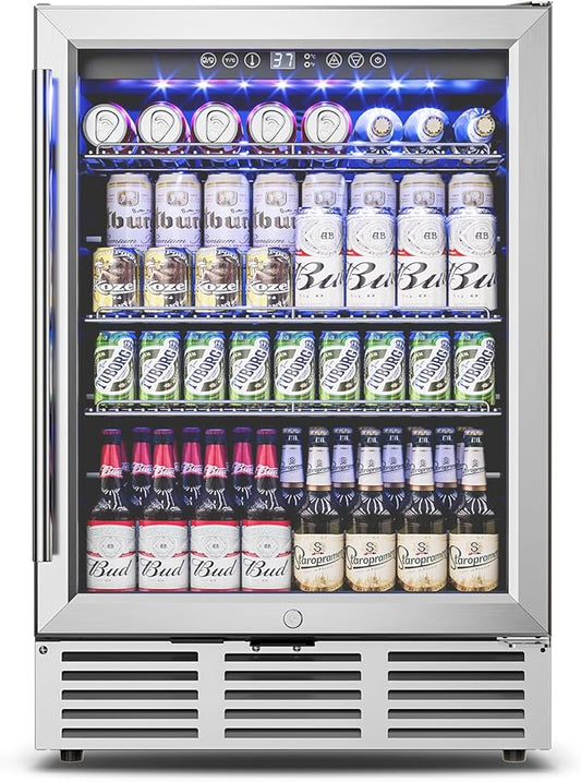 24 inch Beverage Refrigerator - 180 Cans Under Counter Beverage Fridge with Glass Door & Safety Lock for Beer Wine Soda, Built-in or Freestanding Drink Fridge for Home Office Kitchen or Bar