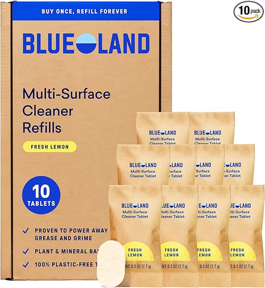 BLUELAND Multi-surface Cleaner, 10 Refill Tablets, Fresh Lemon Scent, All-Purpose, Eco-Friendly Cleaning Supplies, 10 x 24 Fl oz