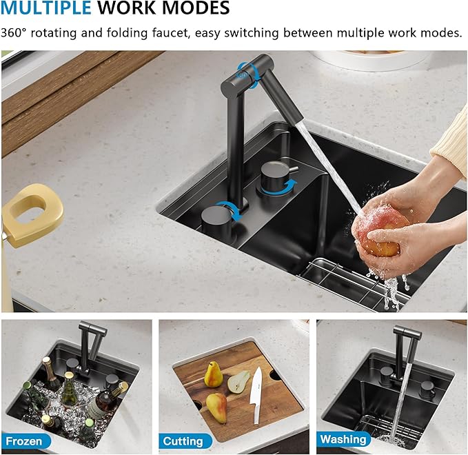 13"x15" Undermount RV Kitchen Sink – Gunmetal Black NANO-PVD, 16 Gauge 304 Stainless Steel, Single Bowl Sink Basin with Foldable Faucet for RV, Camper, Mobile Home, Wet Bar, Outdoor Kitchen