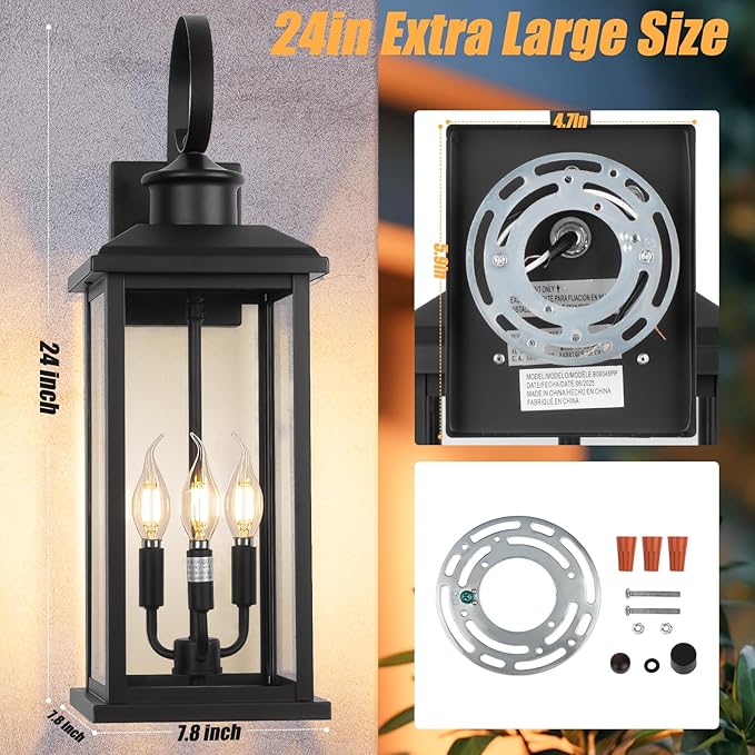 Large Outdoor Wall Light Fixture: 24in Black 3-Light Modern Porch Lantern, Waterproof Exterior Lighting Sconce Wall Mount, Outside Lamp for House Garage E12 Base