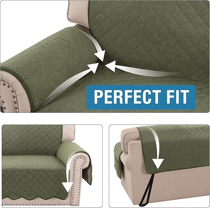 H.VERSAILTEX Waterproof Quilted Couch Covers Non Slip Sofa Covers Protector Slipcovers for Dogs, Single Sofa Armchair for Pet Furniture Protector Modern Fleece Fabric (Chair,Tea Tree)