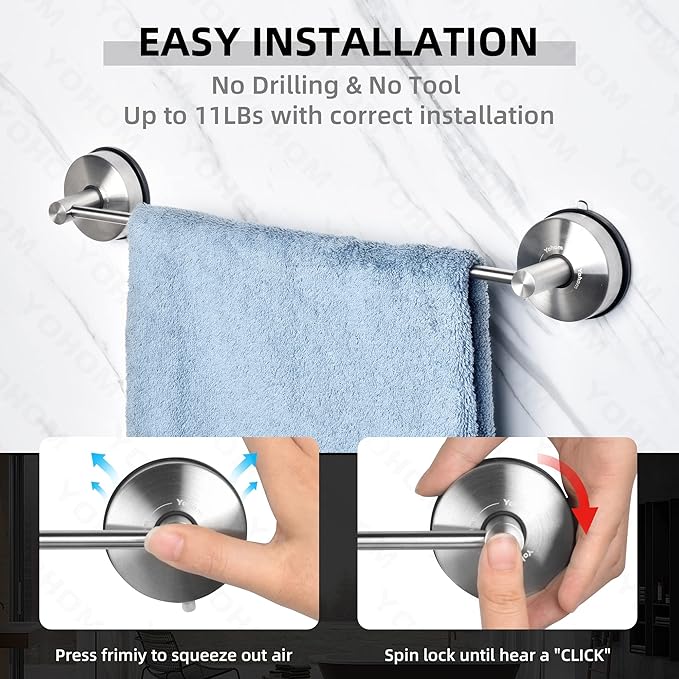 YOHOM Suction Cup Towel Bar for Shower 17 Inch Stainless Steel Bathroom Towel Rack Suction Washcloth Holder Vacuum Hand Towel Bar for Glass Shower Door Removable Towel
