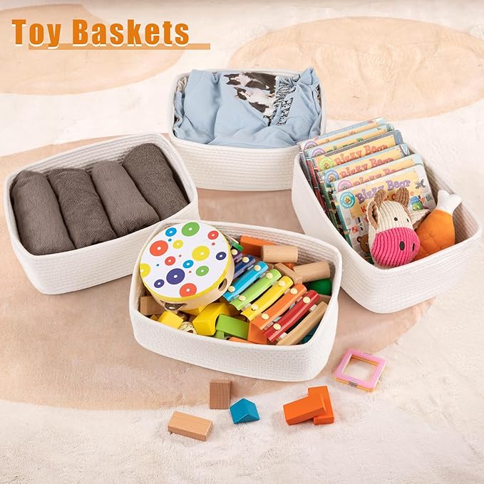 OIAHOMY 4 Pack Storage Baskets for Organizing, Small Bins for Shelves, Cute Decorative Storage Bins, Organizer Baskets for Gifts Empty,13''Lx8.7''Wx5.1''H, White