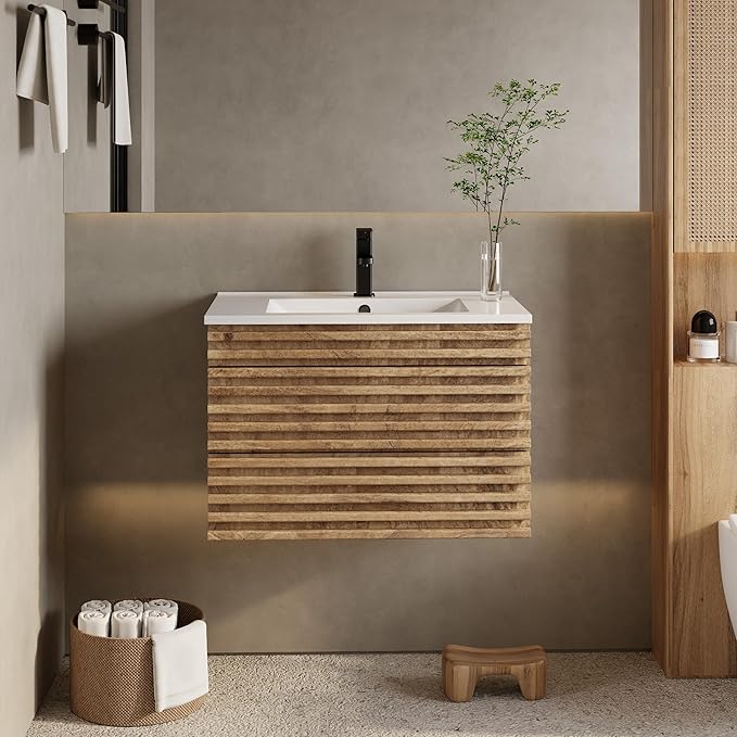 eclife 30" Floating Bathroom Vanity with Sink Combo Mid-Century Wall Mounted Cabinet with Wood Stripes Decor, Drawers, Undermount Sink, Faucet, Drain, Light Walnut