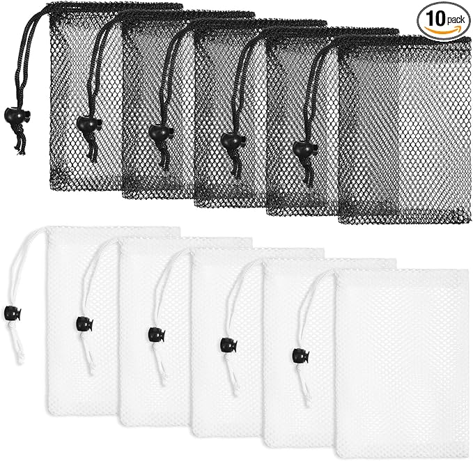 TIESOME 10 Pcs Mesh Drawstring Bags, 6" x 4" (15×10cm) Small Mesh Bag With Cord Lock Closure, Durable Breathable Net Bags For Laundry, Travel, Beach Toys, Seashell Collecting (Black, White)