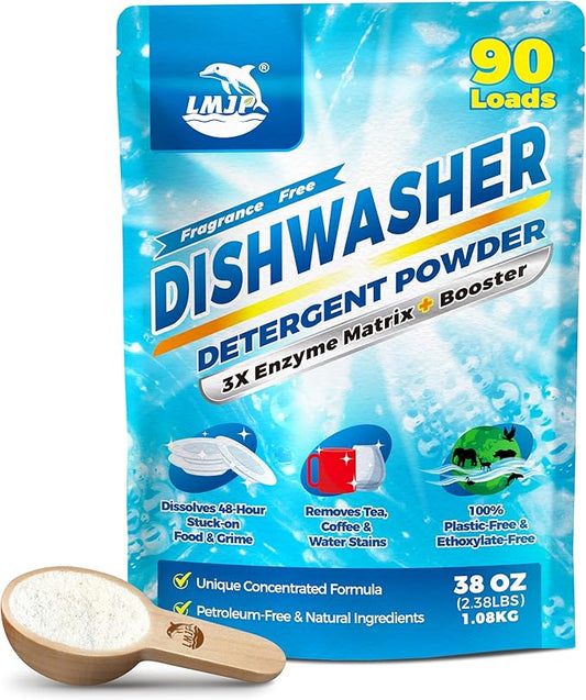 Dishwasher Detergent Powder + Booster, 90 Loads | Plastic-Free, Eco-Friendly Dishwasher Soap – Pods Alternative, Concentrated Plant-Based Enzymes – Cuts Grease & Grime, No Water Spots (Fragrance-Free)