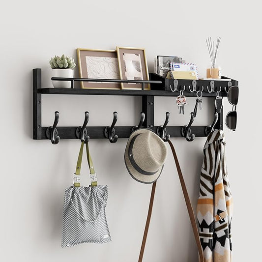 29 inch Coat Rack Wall Mount with Shelf, Set of 2 Heavy Duty Coat Hooks Wall Mount, Entryway Coat Hanger Wall Shelf with Key Holders and Mail Organizer for Living Room, Bedroom, Bathroom, Black