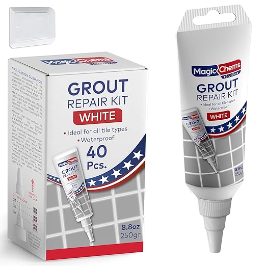 Tile Grout Repair, White 8.8 oz/250gr. Fast Drying Grout Repair Kit, Grout Filler Tube Repair Kit, Tile Grout Paint, Grout Sealer Restore and Renew Bathroom Floor, Tile Gaps, Joints, Lines