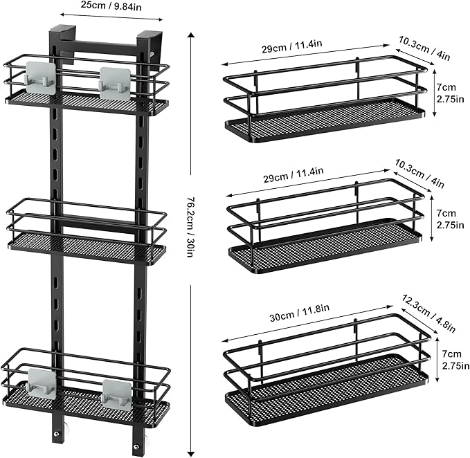 Orimade Adjustable Hanging Over the Shower Door Caddy with Hooks, Bathroom Organizer Shelf Storage Rack,No Drilling Rustproof Basket for Inside Shower, Matt Black 3 Tier