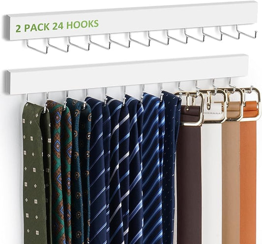2 Pack Tie Rack Wall Mounted Belt Organizer for Men, Wooden Tie Hanger for Wall Closet with 24 Non-Slip Rotating Hooks Necktie Storage Space Saving, White