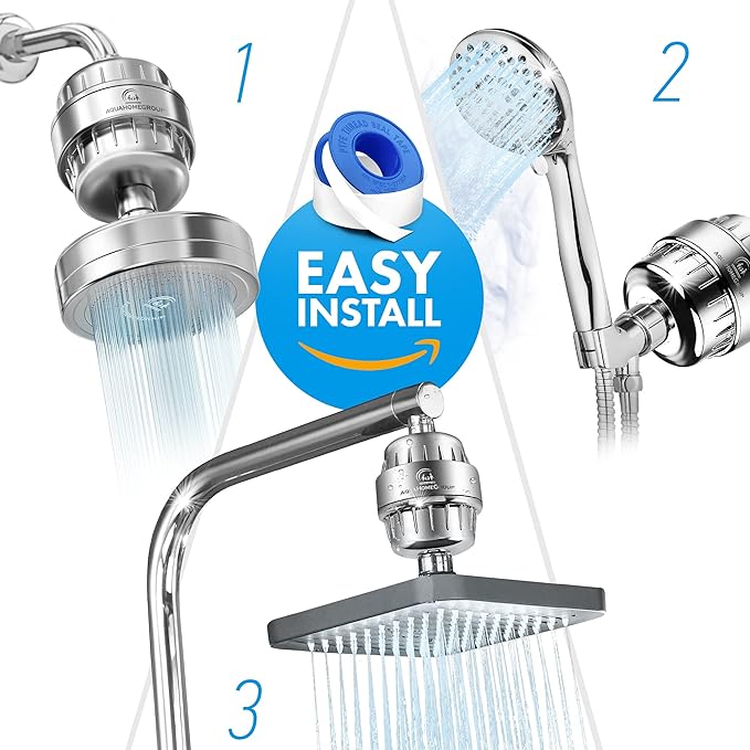 AquaHomeGroup Shower Head Filter – 20-Stage + 5 Replacement Cartridges – Removes Chlorine, Fluoride, and Other Chemicals – Vitamin C, E & A Shower Filter for Glowing Skin & Hair