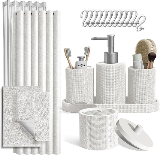 Clara Clark White Bathroom Set - Bathroom Sets with Shower Curtain and Rugs, 21PC Bathroom Accessory Set, Shower Curtain Set with Soap Dispenser & Toothbrush Holder