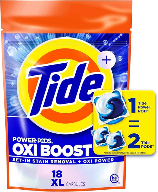 Tide Oxi Boost Power PODS Laundry Detergent Pacs, 18 Count, Set-In Stain Removal + Oxi Power, laundry soap detergent pacs